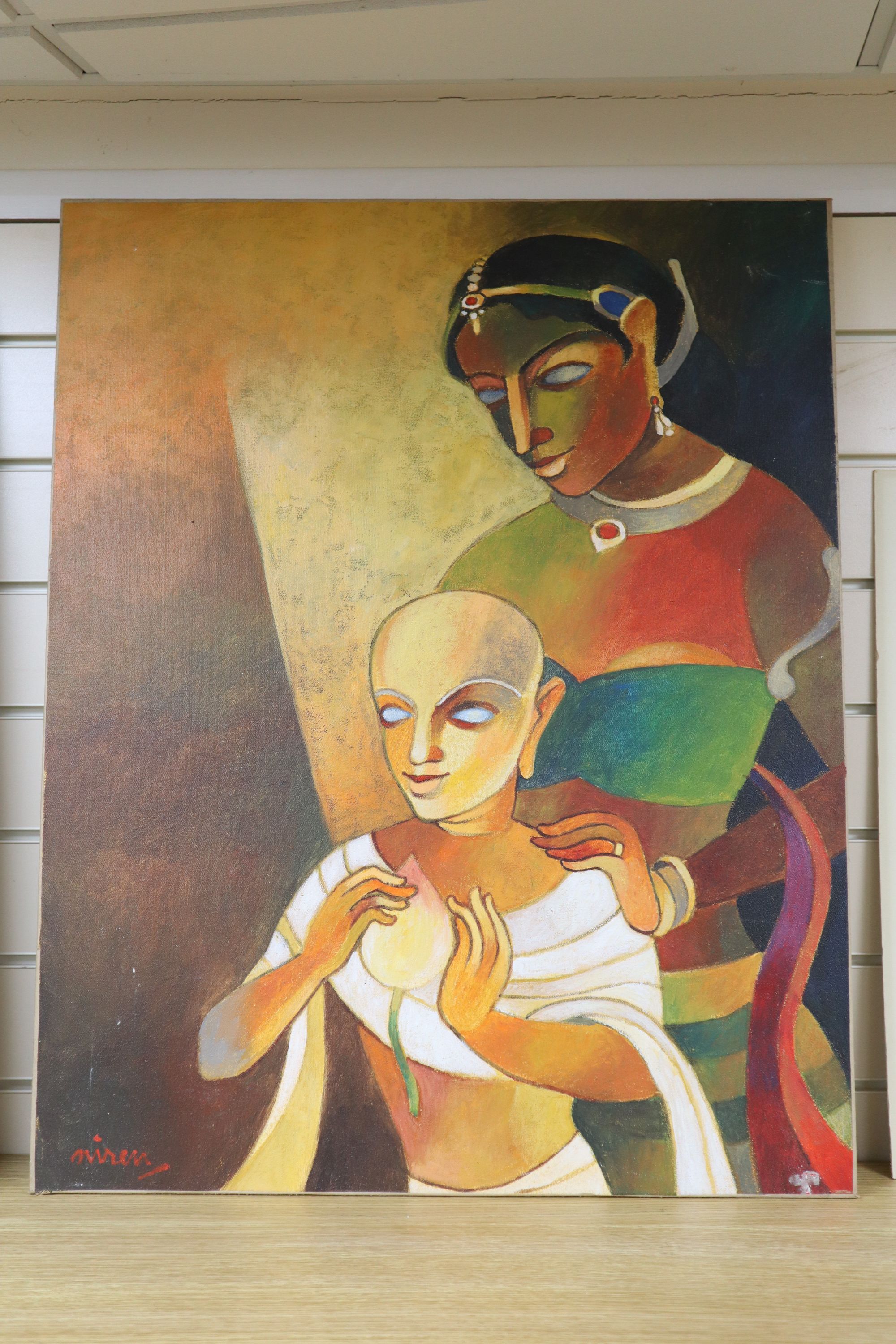 Niren Sen Gupta, acrylic on canvas, Princess and a monk, signed, 76 x 61cm, unframed